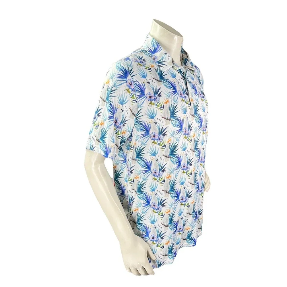 1764 Golf Shirt Men L Cockatoo Floral All Over Graphic Stretch Performance Polo